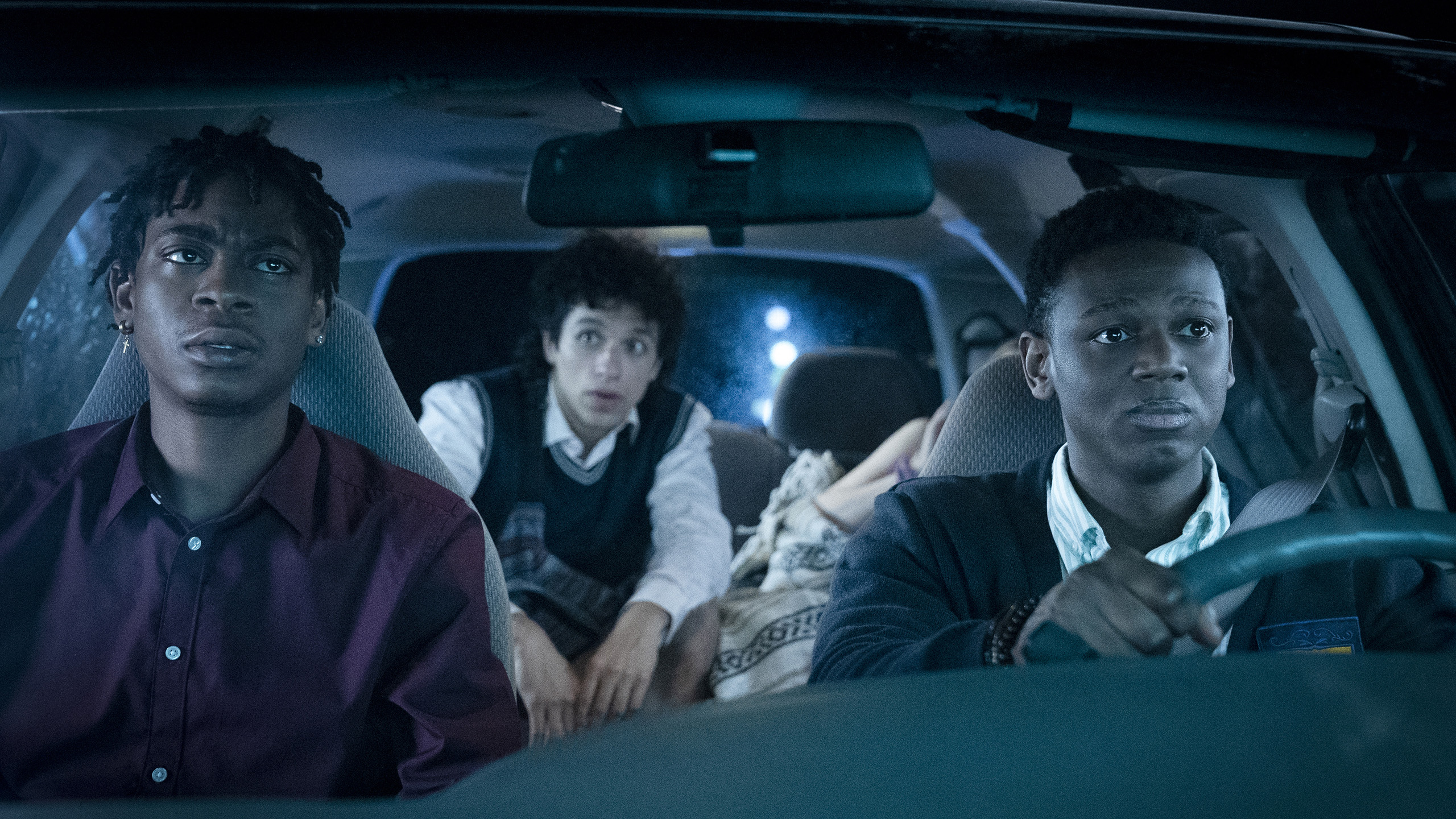 (L to R) RJ Cyler, Sebastian Chacon, and Donald Elise Watkins in 'Emergency' emergency movie