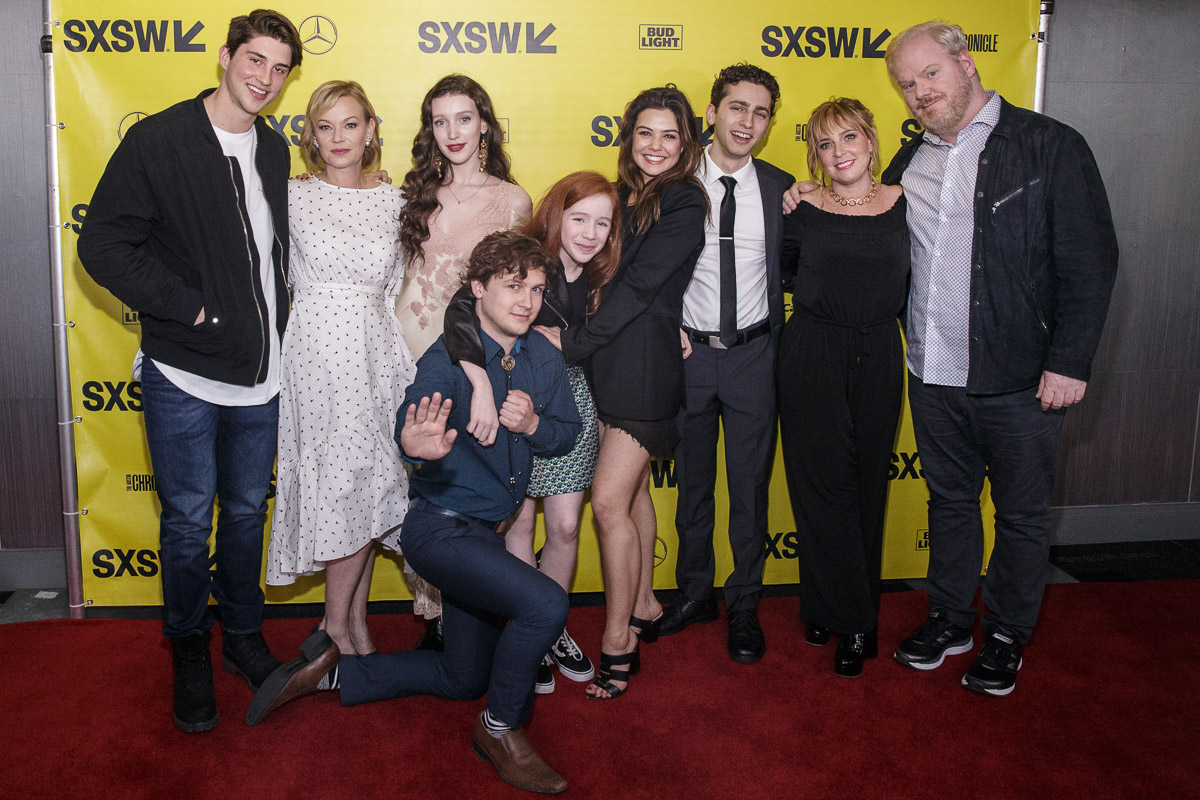 Miranda Bailey (second from left) with her cast at the 2018 SXSW premiere of 'Being Frank' (L to R: Gage Banister, Samantha Mathis, Isabelle Phillips, Logan Miller, Emerson Tate Alexander, Danielle Campbell, Daniel Rashid, Bailey, Jim Gaffigan) being frank sxsw premiere